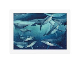 WHALES Watercolor Print (framed) | Blue Celestial Ocean Wall Art | Dreamy Marine Illustration | Minimalist Decor | Whimsical Whale Poster