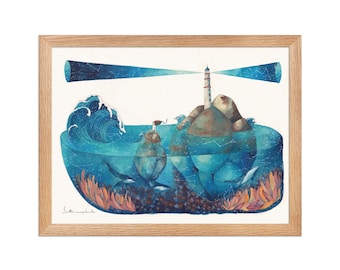 Ocean Wave Watercolor Print | Whale & Lighthouse Wall Art | Celestial Coastal Decor | Dreamy Mermaid Illustration