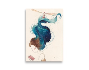 BOOK Dreamy Girl Reading Watercolor Print | Magical Lighthouse Light Art | Celestial Whimsical Wall Decor | Nursery & Fantasy Illustration
