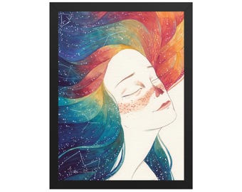 Sunset Mermaid Watercolor Print | Celestial Woman Wall Art | Starry Night Hair Illustration | Dreamy Boho Coastal Decor