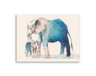 ELEPHANTS Mother & Baby Elephant Watercolor Print | Animal Wall Art | Blue Night Sky | Whimsical Wildlife Illustration | Spiritual Elephant
