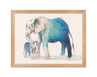 ELEPHANTS (Framed) Mother & Baby Elephant Watercolor Print | Animal Art | Night Sky | Whimsical Wildlife Illustration | Spiritual Elephant