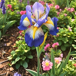 Peut inclure: Gros plan sur une fleur d'iris vibrante en pleine floraison, présentant une riche palette de couleurs. Les pétales affichent une combinaison saisissante de bleu profond, de jaune et de blanc, avec des motifs complexes. La fleur est entourée d'un jardin luxuriant.