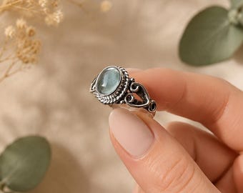 Oval ring med akvamarin, filigran boho-armband i sterlingsilver, mars månadssten