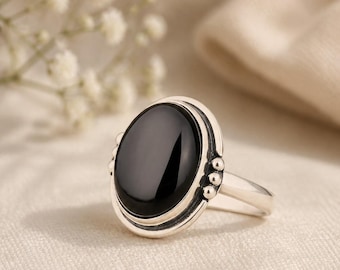 Ovale ring zwarte onyx | Sterlingzilveren statement-sieraden, vintage design
