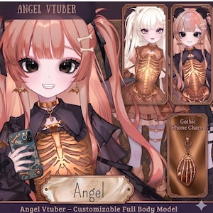 Op de afbeelding: Digitale kunst van een anime-stijl personage met perzikkleurig haar en een gotische esthetiek. Het personage draagt een zwarte outfit met een gouden skeletontwerp en houdt een telefoon met een bijpassend thema vast. De tekst "Angel Vtuber" is inbegrepen.