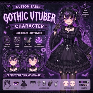 May include: A digital character design sheet featuring a purple and black anime-style figure in a ruffled dress with skull accents. The graphic includes text labels like CUSTOMIZABLE GOTHIC VTUBER CHARACTER, layered PSD file, and various accessory icons.