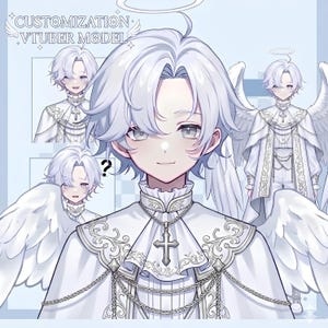 Op de afbeelding: Een digitaal karakterblad getiteld CUSTOMIZATION VTUBER MODEL met een personage met kort wit haar, een halo en grote witte vleugels. Het personage draagt een witte outfit met een hoge kraag en zilveren kruisen als hanger.