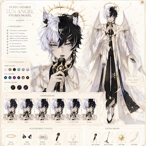 May include: A digital character sheet for a customizable Sun Angel VTuber model. The character has split black and white hair, animal ears, and large white wings. The display includes various facial expressions, color palettes, and accessory toggles.