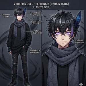 May include: Digital illustration of a male anime character, the Dark Mystic, with layered black hair, silver highlights, and a unique feather accessory. He wears a black hoodie, scarf, and pants. The image includes text: VTUBER MODEL REFERENCE: [DARK MYSTIC] 1:1 ASPECT RATIO.