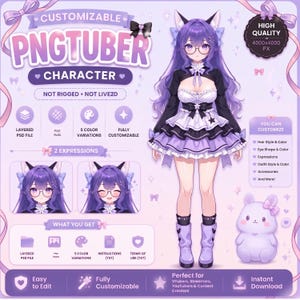 以下が含まれることがあります： 紫色の髪で猫耳と眼鏡をかけたアニメスタイルのキャラクターのデジタルアセットシート。黒と白のフリルドレスを着用し、2つの表情、小さなウサギのマスコット、カスタマイズ用のテキストラベルが含まれています。