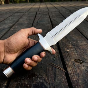 May include: A stainless steel knife with a serrated spine and a black handle. The knife is held against a dark wooden surface. The blade is sharp and the handle is cylindrical with a silver metal accent.