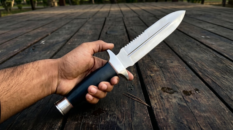 May include: A stainless steel knife with a serrated spine and a black handle. The knife is held against a dark wooden surface. The blade is sharp and the handle is cylindrical with a silver metal accent.