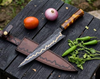 Hand Forged Cu-Mai Chef Knife | Carbon Steel Blade & Resin Handle | Professional Kitchen Essentia