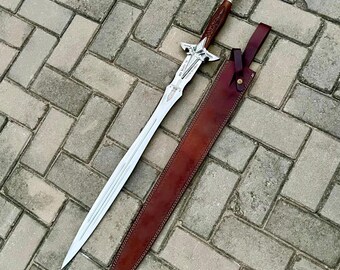 Handgemaakt Royal Knight-zwaard: hoogglanzend roestvrijstalen mes, gesneden houten handvat