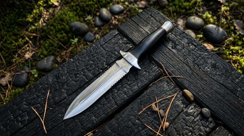 May include: A silver and black dagger with a serrated blade lies on a charred wooden surface. The handle is black with a silver guard and a gold-coloured end. The background includes moss, small stones, and pine needles.