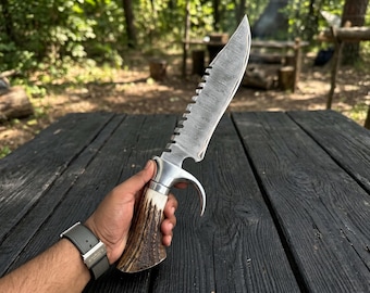 Handcrafted Damascus Camp Knife | Antler Handle Survival Knife | Collector's Gift