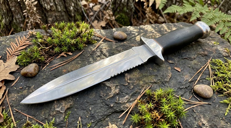 May include: A silver and black dagger with a serrated edge and a dark handle. The knife is lying on a moss-covered rock, surrounded by foliage and small stones. The blade is approximately 25 cm long.