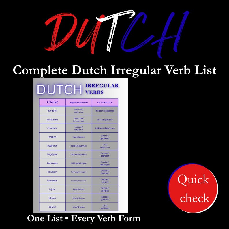 Complete List of Dutch Irregular Verbs - Etsy