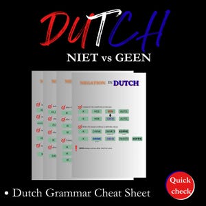 Puede incluir: Gráfico negro con la palabra "DUTCH" en rojo, blanco y azul. El texto "NIET vs GEEN" está debajo. Una hoja de trucos de gramática holandesa está en el centro, con ejemplos de negación. Un círculo rojo con "Quick check" en la parte inferior derecha.