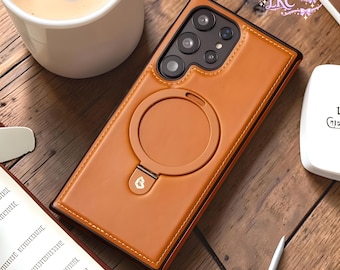 Étui pour téléphone magnétique rétro en cuir avec support