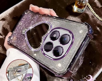 Étui pour portable miroir coeur pailleté avec support