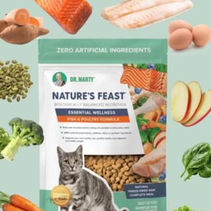 May include: A bag of Dr. Marty's Nature's Feast cat food with the text "ZERO ARTIFICIAL INGREDIENTS". The bag features a cat and various ingredients like salmon, eggs, and carrots. The product is a fish and poultry formula.