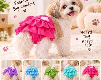 May include: A dog wearing a ruffled diaper with a velcro closure. The text reads Little Fashion Big Comfort and Happy Dog Happy Life. Five color variations are shown: purple, blue, green, aqua, and pink, each with a ruffled skirt design.