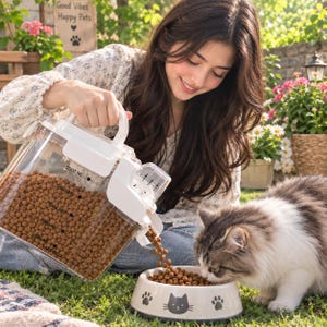 May include: A clear plastic pet food storage container with a white handle and lid, featuring black measurement markings up to 2000 ml. The container is pouring brown kibble into a beige bowl decorated with a black cat face and paw print icons.