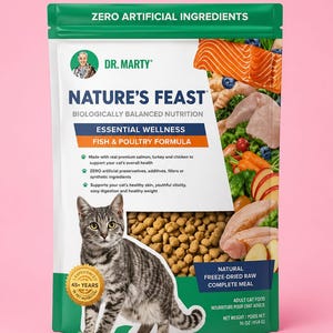 May include: A bag of Dr. Marty's Nature's Feast cat food. The bag is white and green, with a picture of a gray tabby cat. The bag also features images of salmon, chicken, and vegetables. The text on the bag reads "Essential Wellness Fish & Poultry Formula."