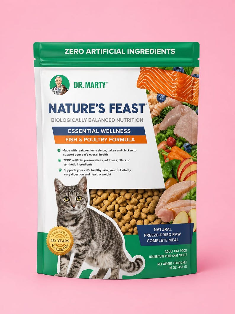 May include: A bag of Dr. Marty's Nature's Feast cat food. The bag is white and green, with a picture of a gray tabby cat. The bag also features images of salmon, chicken, and vegetables. The text on the bag reads "Essential Wellness Fish & Poultry Formula."