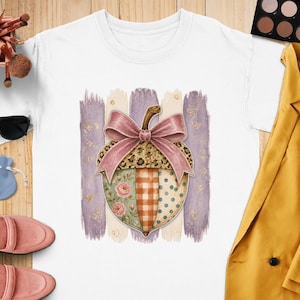 パッチワークどんぐりTシャツ、ボヘミアン風花柄レオパードプリント秋グラフィックTシャツ