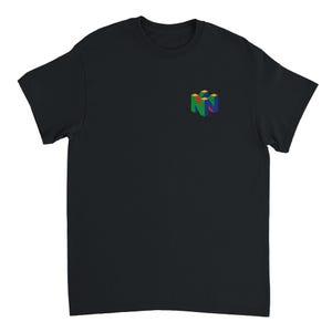 Black t-shirt featuring a vintage distressed Nintendo 64 N64 logo on the chest, inspired by classic 1990s retro gaming culture.
