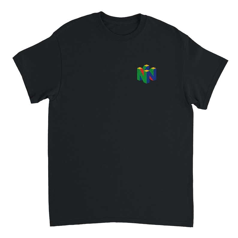 Black t-shirt featuring a vintage distressed Nintendo 64 N64 logo on the chest, inspired by classic 1990s retro gaming culture.