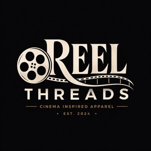 May include: A logo design on a black background featuring the text REEL THREADS in a serif font. The letter R is integrated with a film reel and a strip of film. Below the text is the phrase CINEMA INSPIRED APPAREL and EST. 2024 in white.
