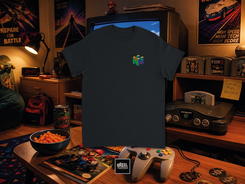 Black t-shirt featuring a vintage distressed Nintendo 64 N64 logo on the chest, inspired by classic 1990s retro gaming culture.