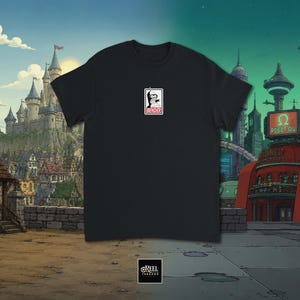May include: A black short-sleeved t-shirt featuring a small rectangular graphic on the chest. The graphic displays a black and white illustration of the character Bender from Futurama, with the name BENDER printed in red letters below the image.