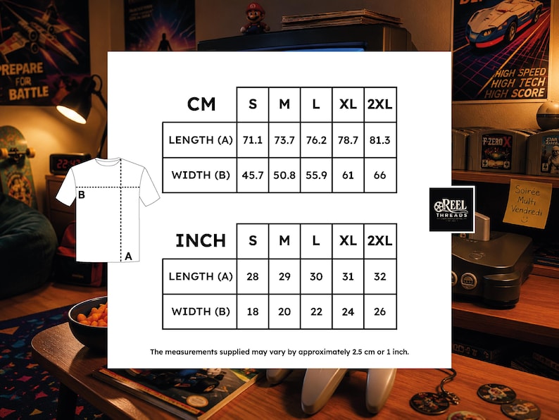 May include: A white t-shirt size chart featuring a line drawing of a t-shirt with length A and width B labels. Two tables display measurements in inches and centimeters for sizes S, M, L, XL, and 2XL. The text states measurements may vary by 1 inch.
