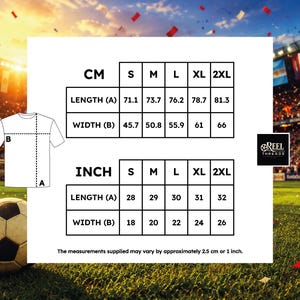 May include: A t-shirt size chart displaying measurements in inches and centimeters for sizes S through 2XL. The chart includes length and width dimensions, a diagram of a t-shirt labeled A and B, and the Reel Threads logo. Text states measurements may vary by approximately 2.5 cm or 1 inch.
