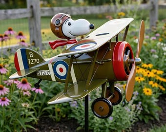 Flying Ace Dog tweedekker metalen windmolen, grillige dynamische tuinkunst voor gazon en terras, vintage hond proeftuin decor, uniek buitencadeau