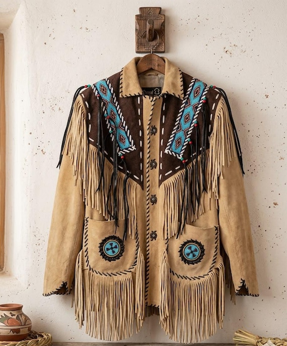 Native Inspired Suede Leather Jacket, Western Fringe Coat with Beaded Detail, Rodeo Style Men's Suede Jacket, Boho Festival Outerwear