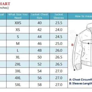 May include: A size chart for a jacket with columns for actual chest size, required size, jacket chest size, and sleeve length in inches. It includes a line drawing of a jacket with labels A for chest circumference and B for sleeve length.