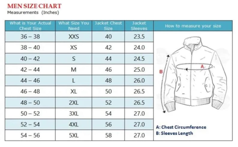 May include: A size chart for a jacket with columns for actual chest size, required size, jacket chest size, and sleeve length in inches. It includes a line drawing of a jacket with labels A for chest circumference and B for sleeve length.
