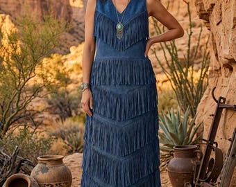 Women Blue Suede Fringe Dress, Western Leather Dress, Boho Cowgirl Maxi Dress, Native Inspired Festival Outfit