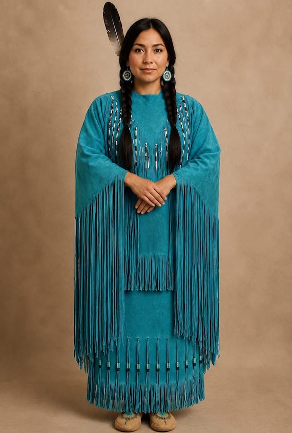 beaded buckskin dress Turquoise | Native Inspired Ceremonial Dress | Fringe Gown Classy Outfit Men Goa model: Michelle Size:XS (0-4) Turquoise Buckskin Dress