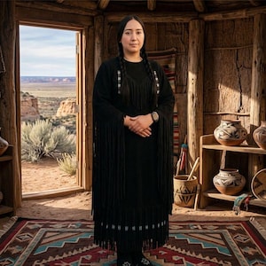 May include: A woman wearing a black dress with fringe sleeves and hem, standing in a wooden structure. The dress has decorative beading. The background shows a desert landscape and traditional pottery on shelves. A patterned rug is on the floor.