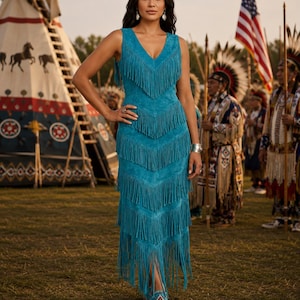 Turquoise Blue Suede Fringe Dress, Handmade Western Leather Dress, Native Inspired Women’s Dress, Festival Cowgirl Outfit