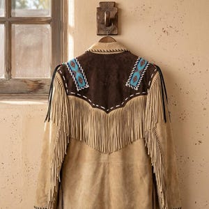 May include: A tan suede jacket featuring a dark brown yoke with white whipstitching and blue and red beaded geometric patterns. The jacket includes long fringe detailing across the back and shoulders, with black leather accents at the sleeve seams.