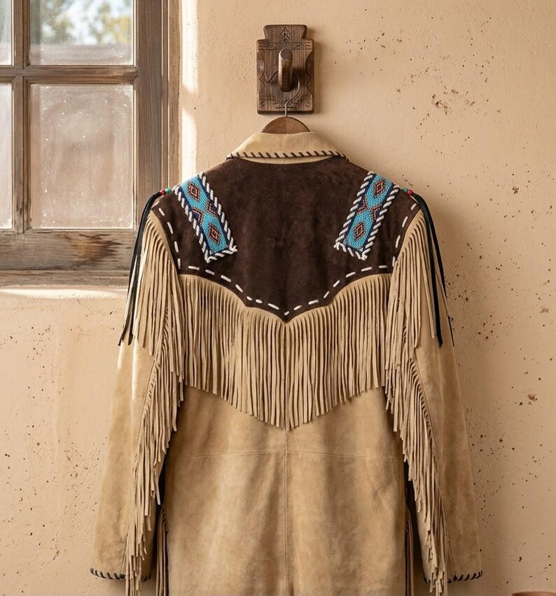 May include: A tan suede jacket featuring a dark brown yoke with white whipstitching and blue and red beaded geometric patterns. The jacket includes long fringe detailing across the back and shoulders, with black leather accents at the sleeve seams.