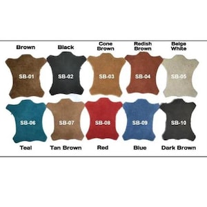 May include: A color chart displaying ten leather swatches in various shades including brown, black, cone brown, reddish brown, beige white, teal, tan brown, red, blue, and dark brown. Each swatch is labeled with a code from SB-01 to SB-10.